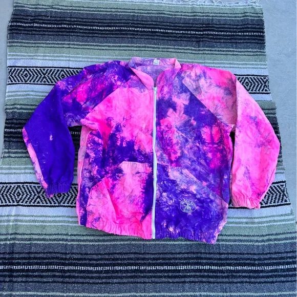 Vintage 80s/90s bright neon pink and purple tie dye zip windbreaker banana bay - Picture 1 of 7